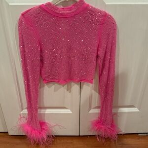 Pink long sleeve rhinestoned crop top with fur cuffs